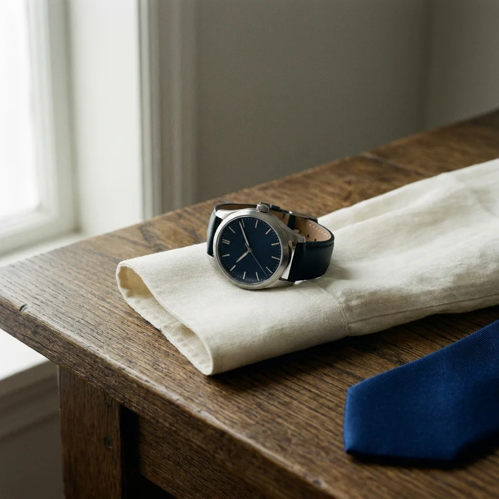 An unbranded steel dress watch with a navy dial on a folded cream linen cuff on dark oak, overcast window light